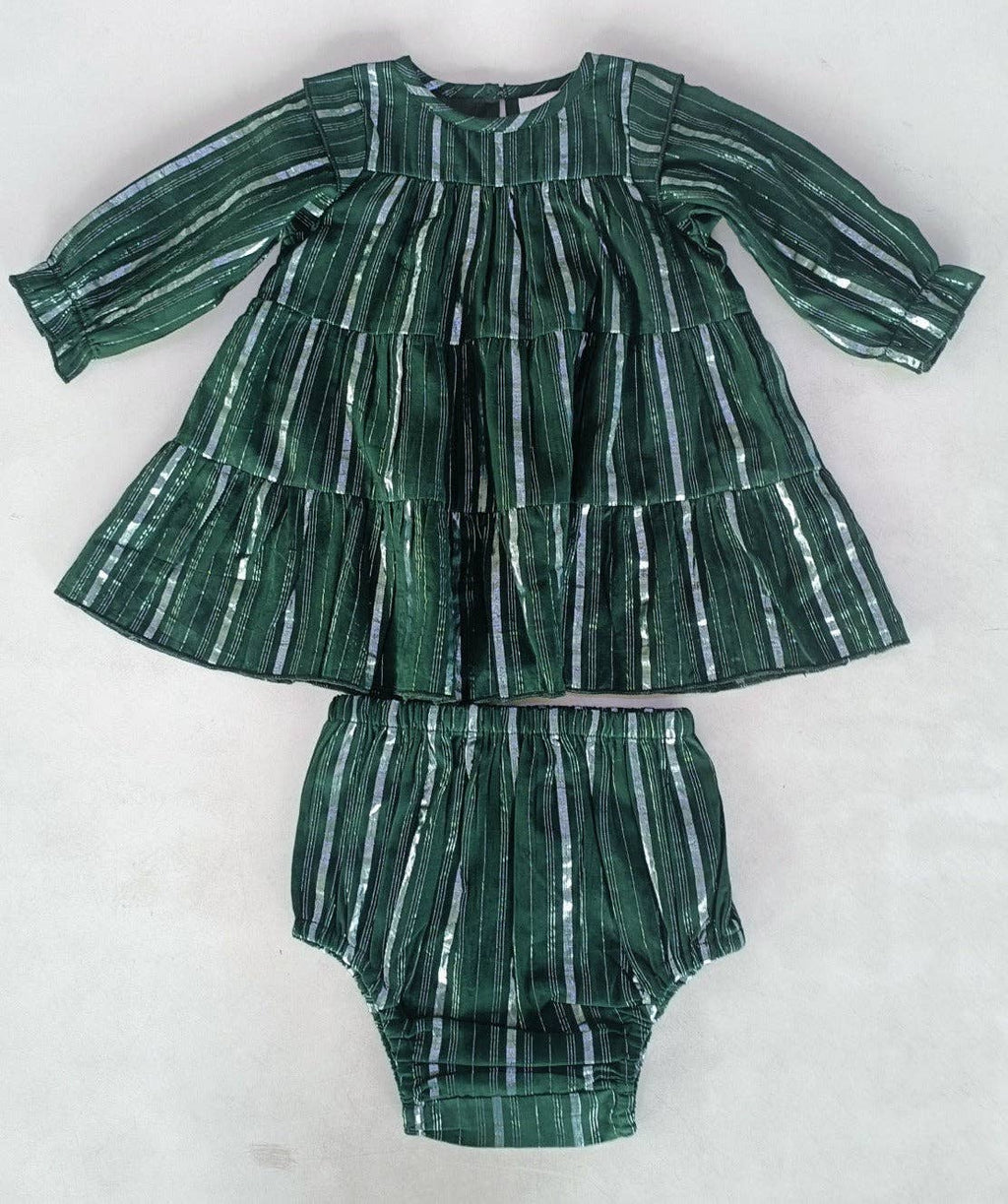 Bottle Green Silver Lurex Tiered Long Sleeve Dress.