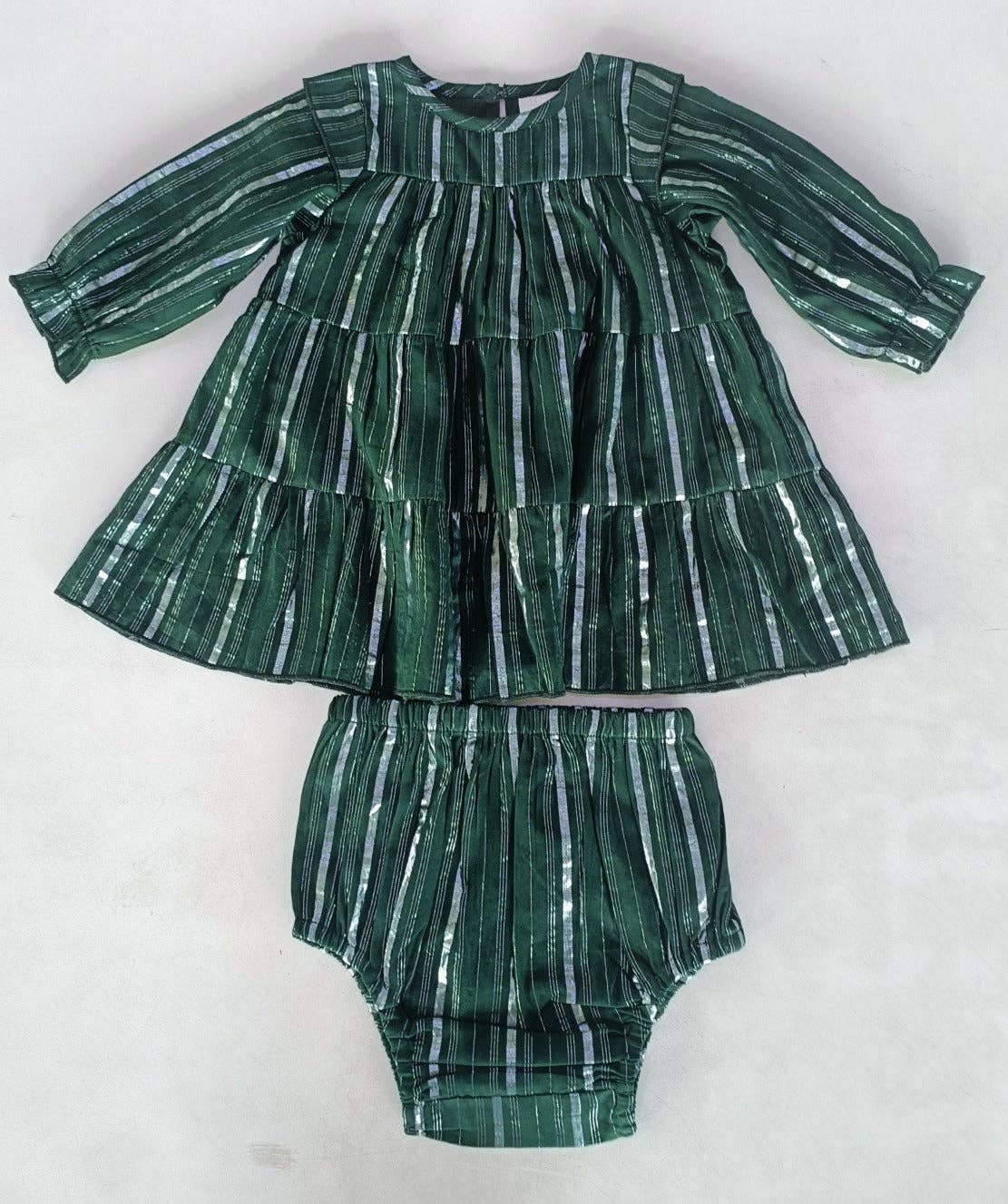Bottle Green Silver Lurex Tiered Long Sleeve Dress.
