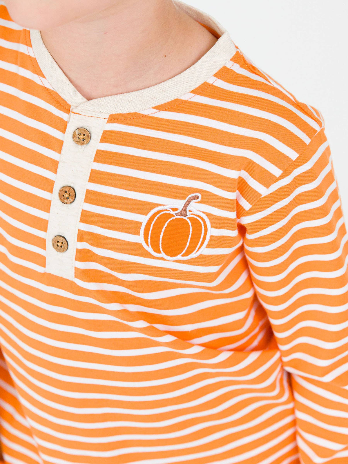 Boys Pumpkin Orange Stripe Knit Long Sleeve Embroidered Henley Tee
