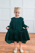 Emerald Green Tiered Long Sleeve Dress — Cotton Girls Dress