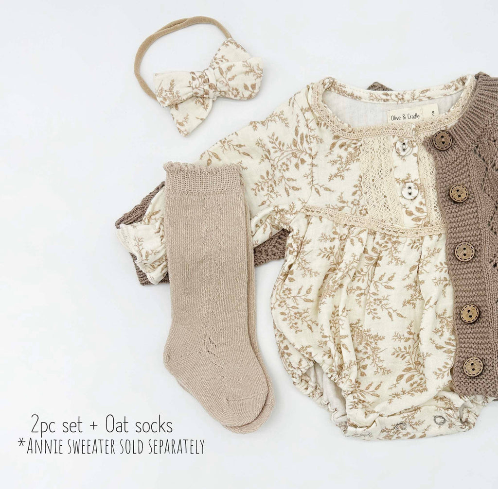 Elodie Long Sleeve Romper Set: 2pc Set + Oatmeal socks