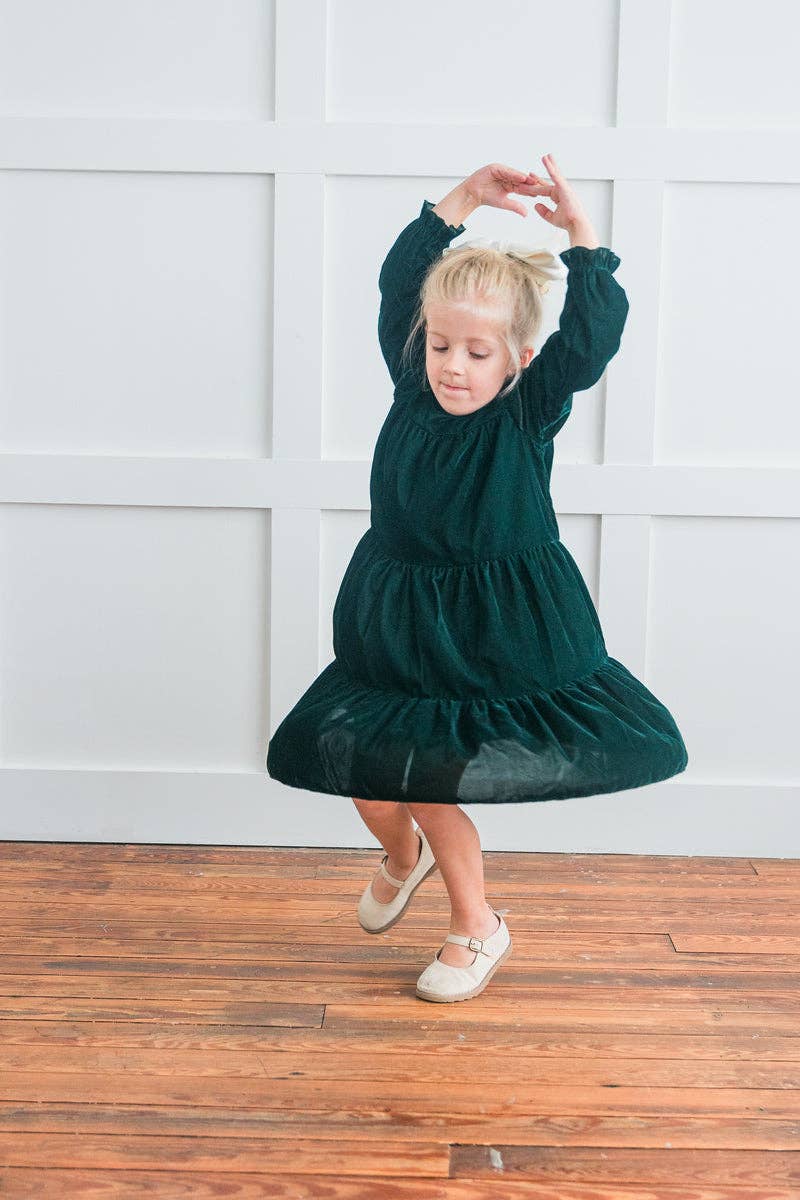 Emerald Green Tiered Long Sleeve Dress — Cotton Girls Dress
