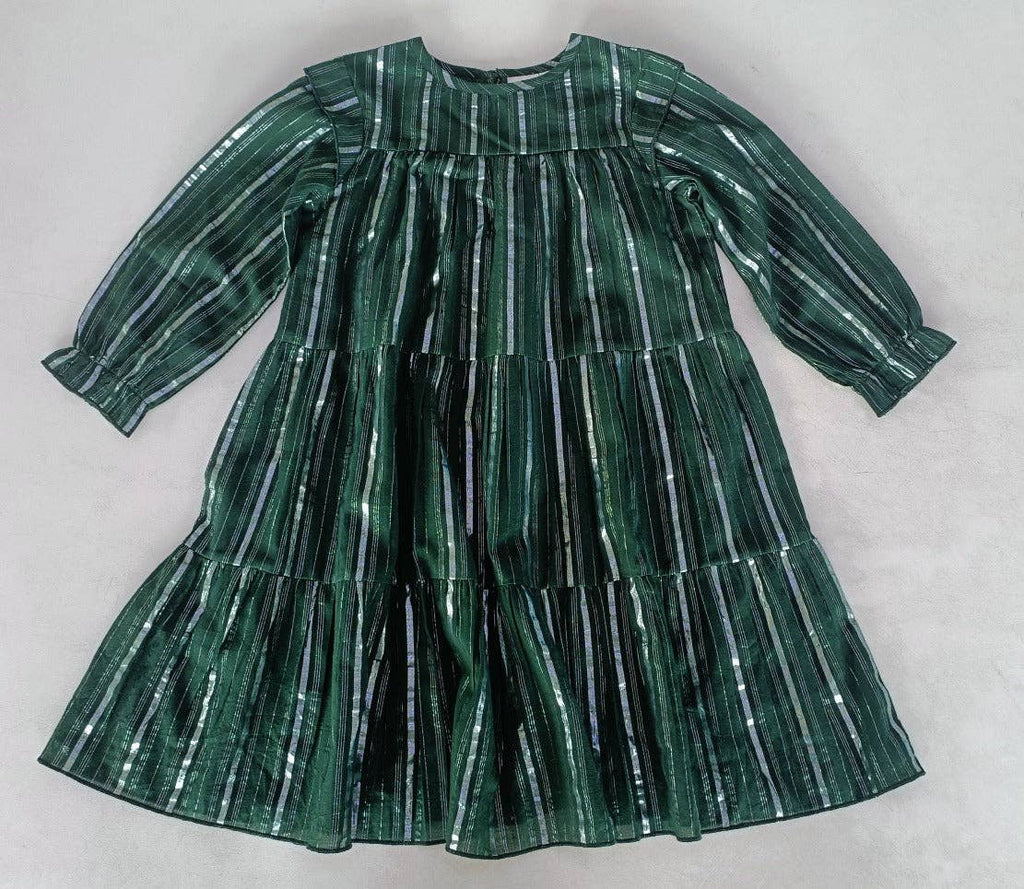Bottle Green Silver Lurex Tiered Long Sleeve Dress.