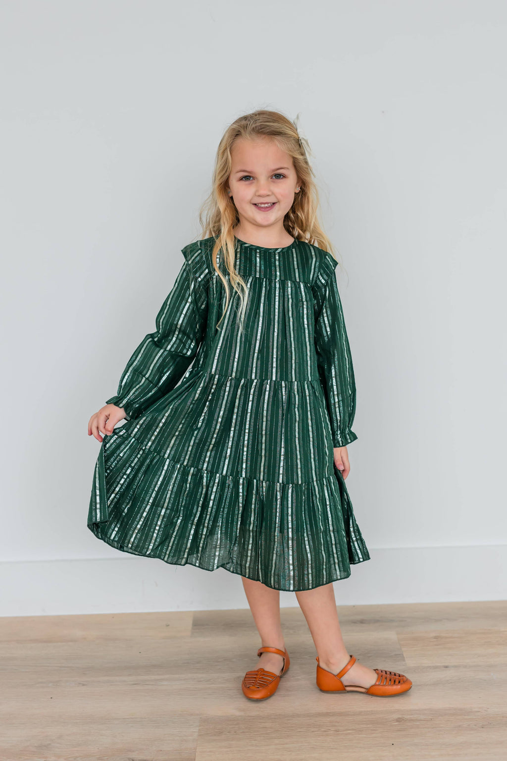 Bottle Green Silver Lurex Tiered Long Sleeve Dress.