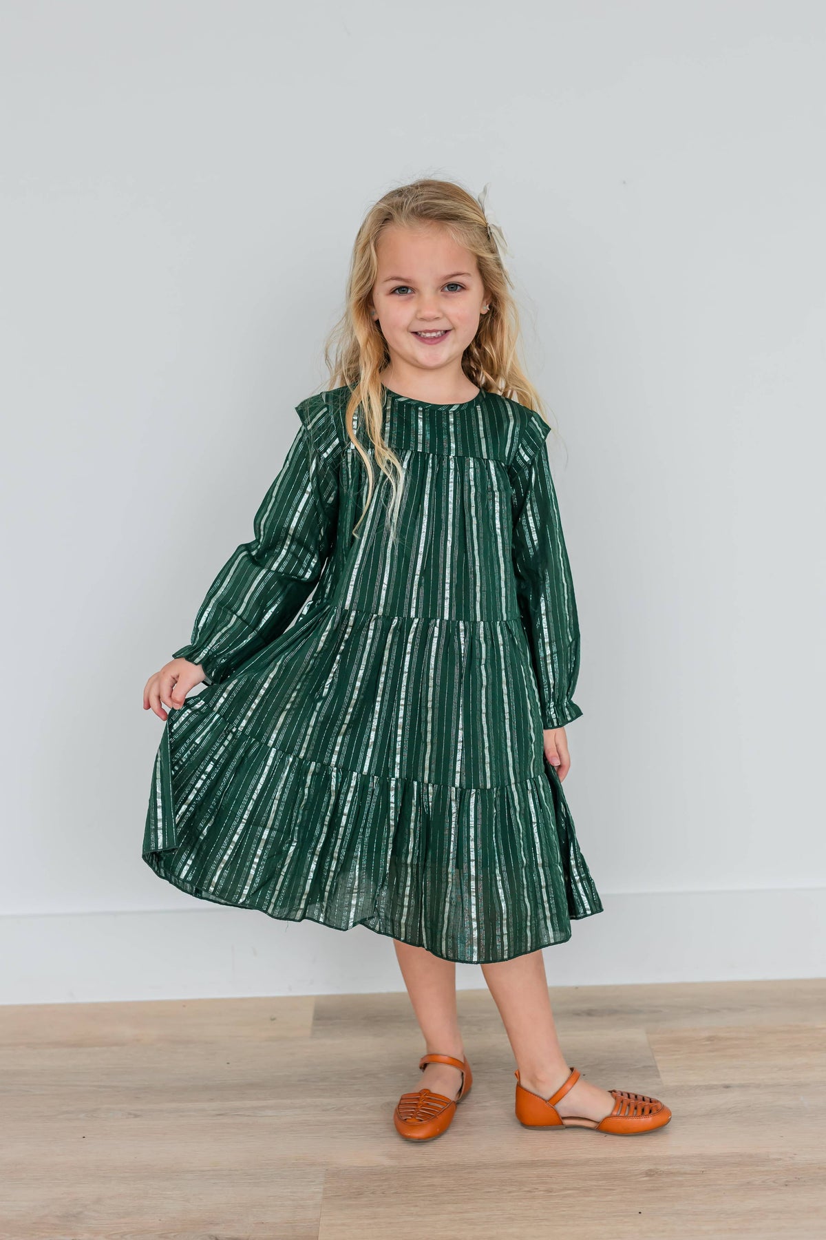 Bottle Green Silver Lurex Tiered Long Sleeve Dress.
