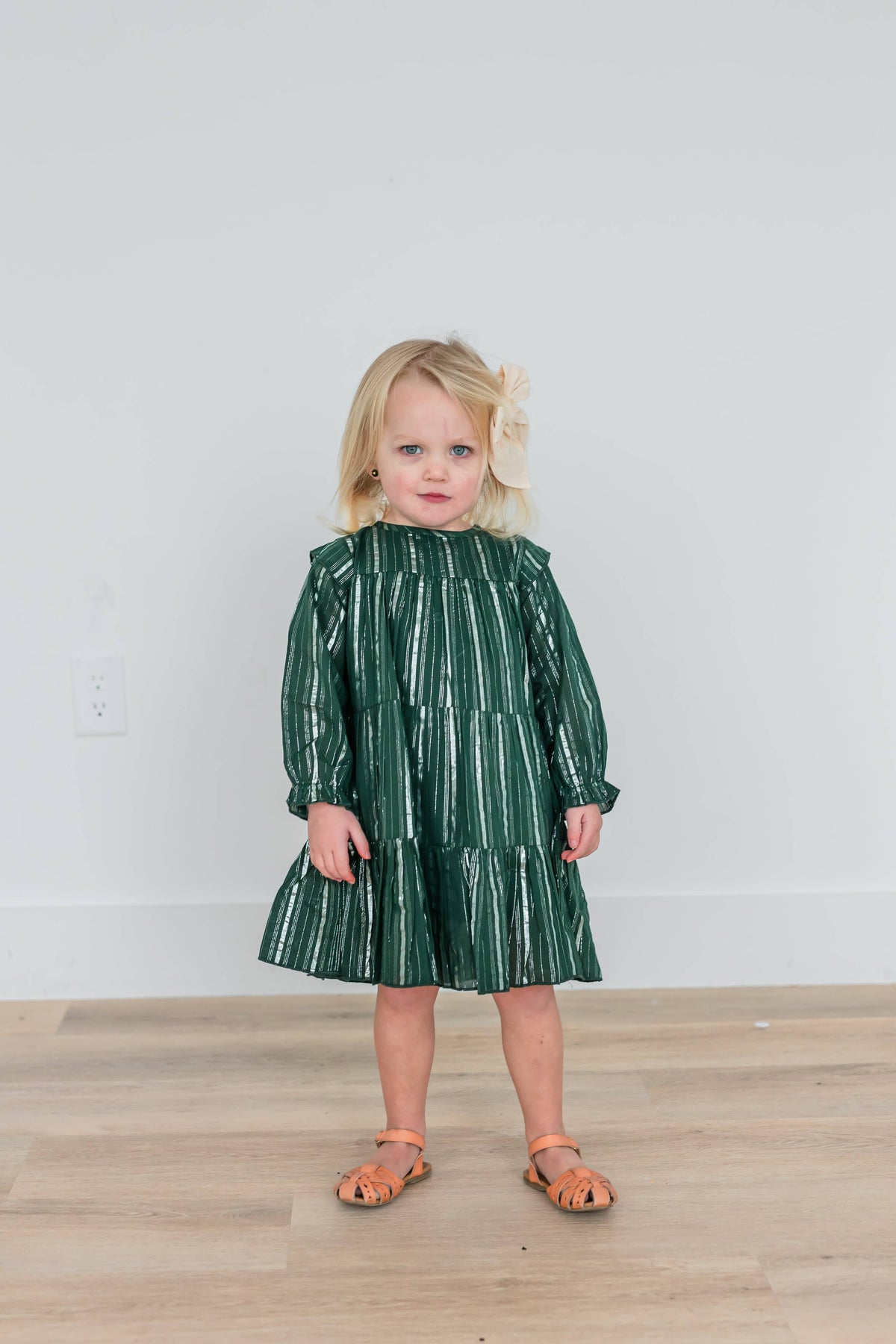 Bottle Green Silver Lurex Tiered Long Sleeve Dress.