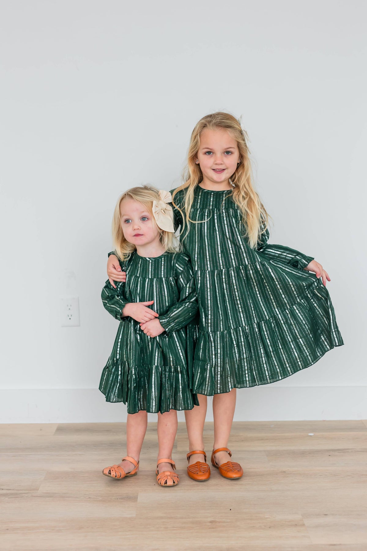 Bottle Green Silver Lurex Tiered Long Sleeve Dress.