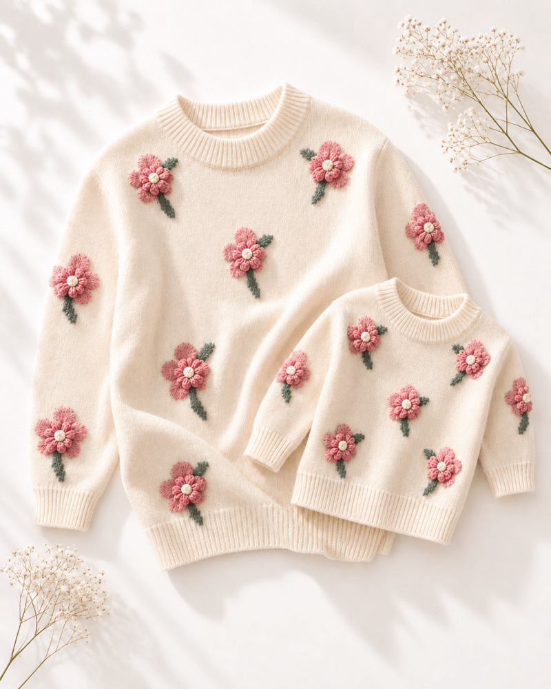 Creme Floral Knit Sweater Mommy