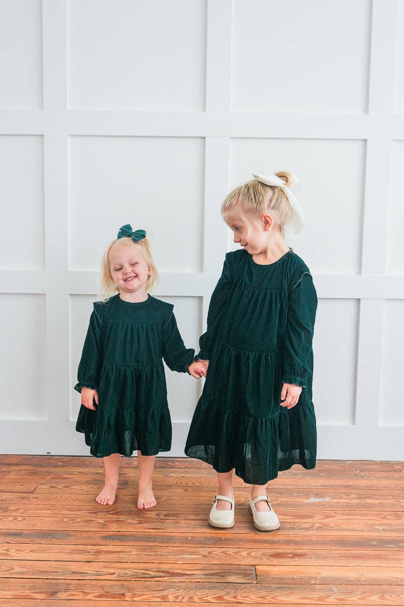 Emerald Green Tiered Long Sleeve Dress — Cotton Girls Dress