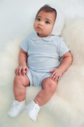 Baby Boys Light Blue Geo Smocked Bubble With Bonnet 6 months