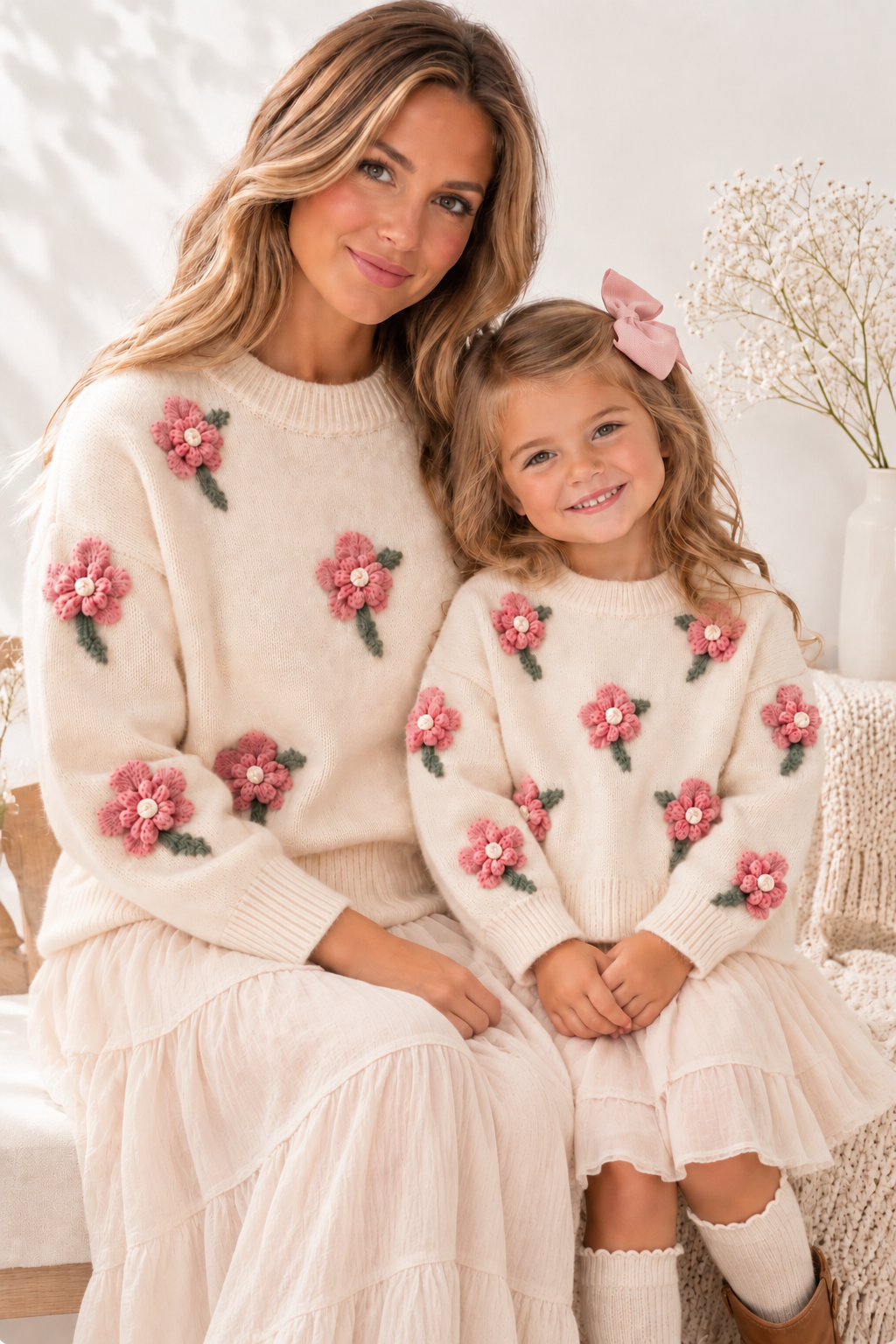 Creme Floral Knit Sweater Girls