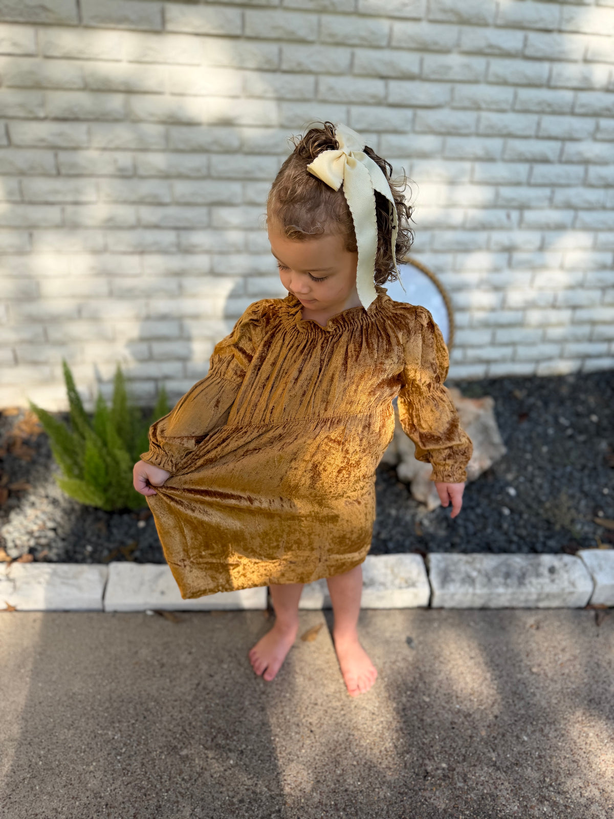 Gold Elasticated Neck and Waist Velvet Dress 3t