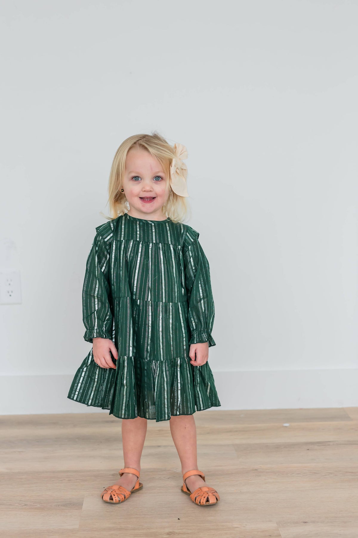Bottle Green Silver Lurex Tiered Long Sleeve Dress.