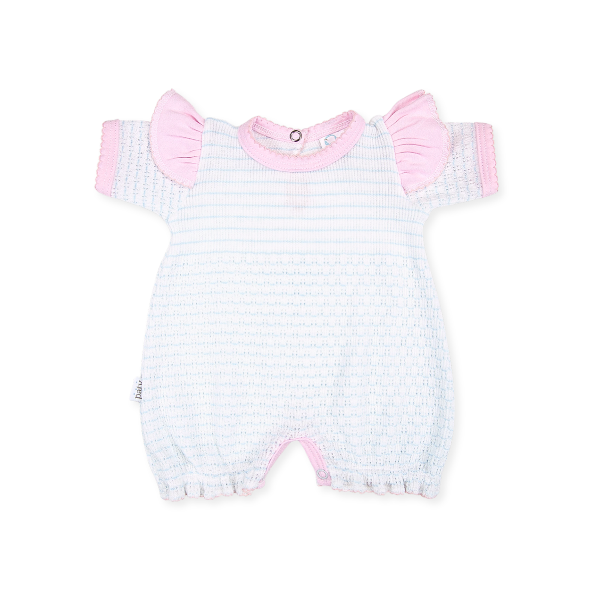Paty Knit Bubble with Shoulder Ruffle Trim: Blue w/ Pink Trim