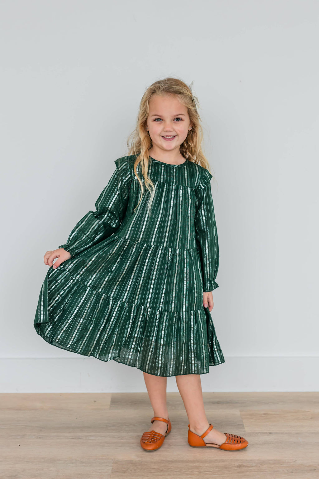 Bottle Green Silver Lurex Tiered Long Sleeve Dress.