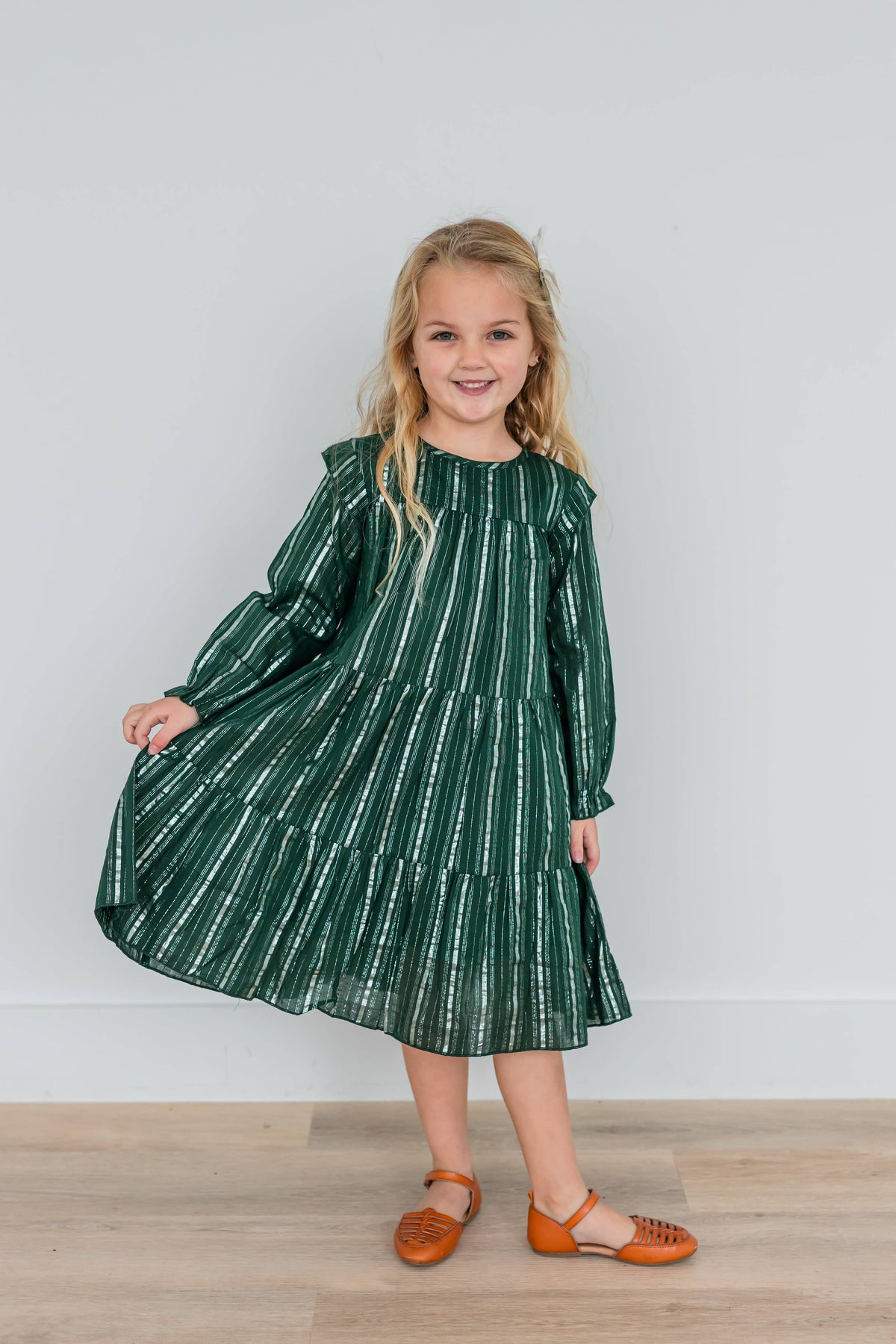 Bottle Green Silver Lurex Tiered Long Sleeve Dress.