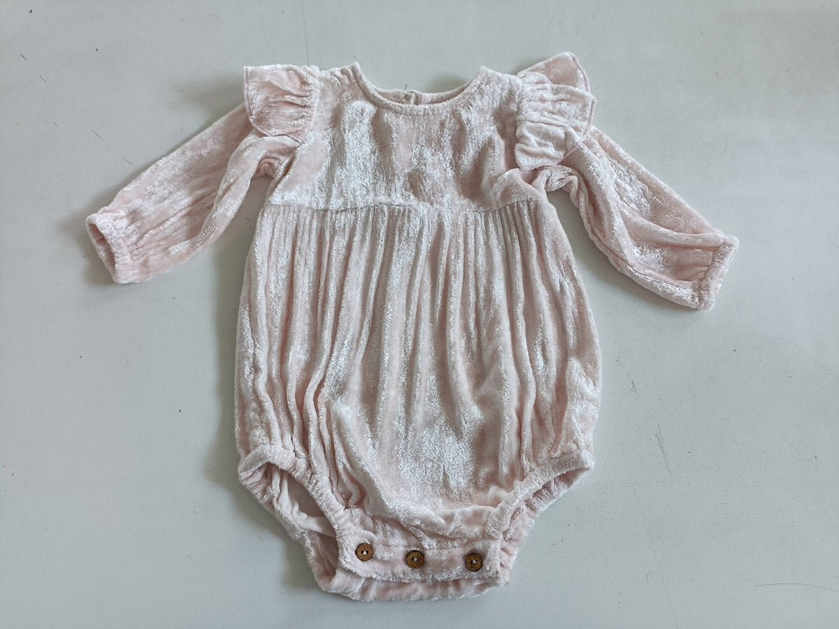 Baby Pink Velvet Ruffle Romper 6/9 months.