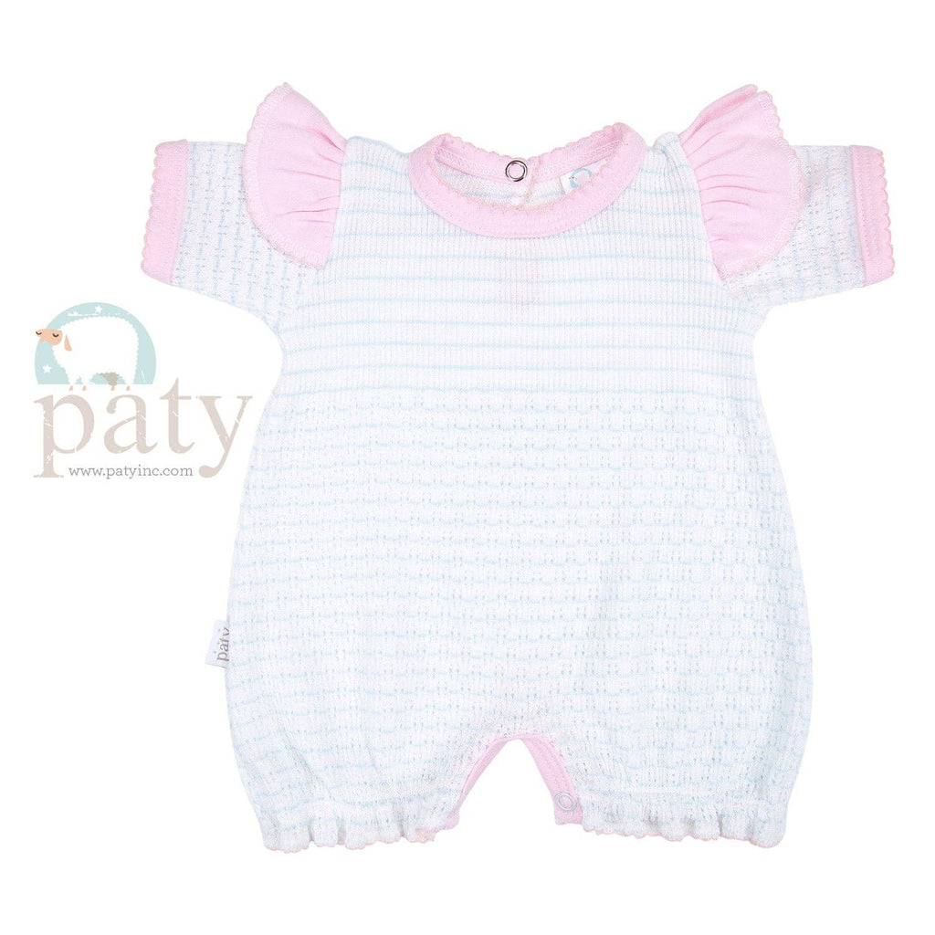 Paty Knit Bubble with Shoulder Ruffle Trim: Blue w/ Pink Trim