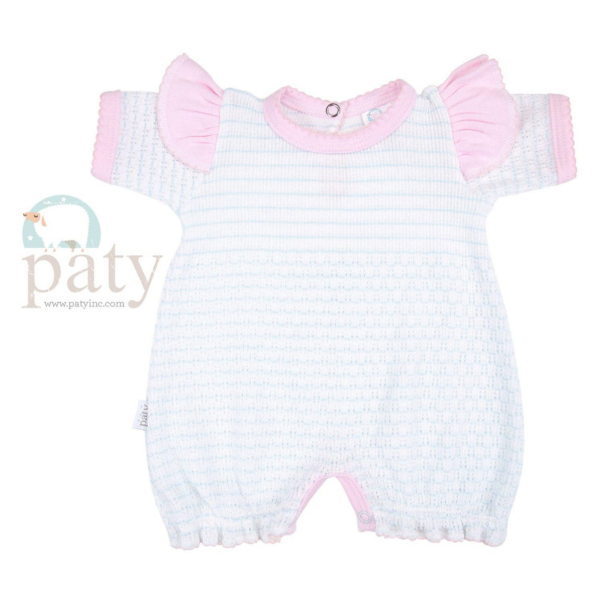 Paty Knit Bubble with Shoulder Ruffle Trim: Blue w/ Pink Trim