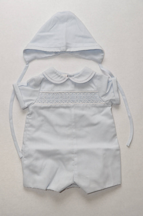 Baby Boys Light Blue Geo Smocked Bubble With Bonnet 6 months